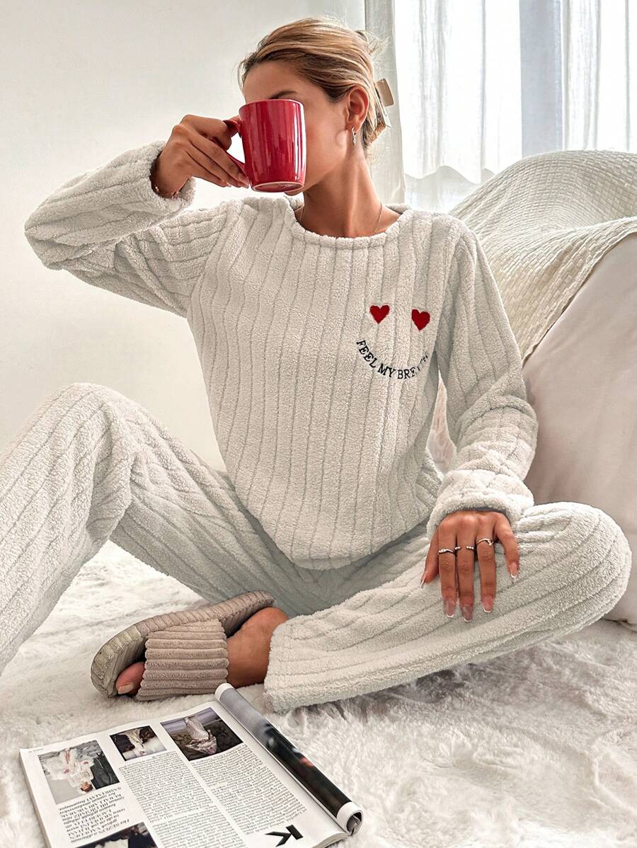 RueChic Heart & Letter Embroidery Ribbed Knit Lounge Set - Beige - View 1