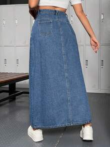 SHEIN EZwear 大尺碼女款長單開叉牛仔裙 - 中等水洗藍 - 查看 2