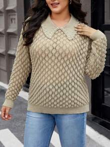 Flirla Áo len nữ cỡ lớn dáng rộng, đính ngọc trai và hạt cườm, thiết kế vai rớt, kiểu áo chui đầu dệt kim mùa thu đông. - Màu Khaki - Xem 3