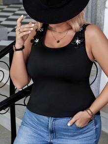 Calvaya 夏季加大尺碼女性的3D花裝飾背心上衣 - 黑色 - 查看 3