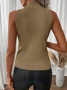 SHEIN Unity Women's Solid Color Stand Collar Sleeveless Knitted Top - Camel - View 2