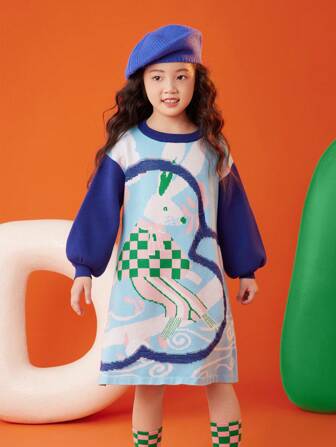 Tween Girl Cartoon Pattern Color Block Sweater Dress With Round Neckline