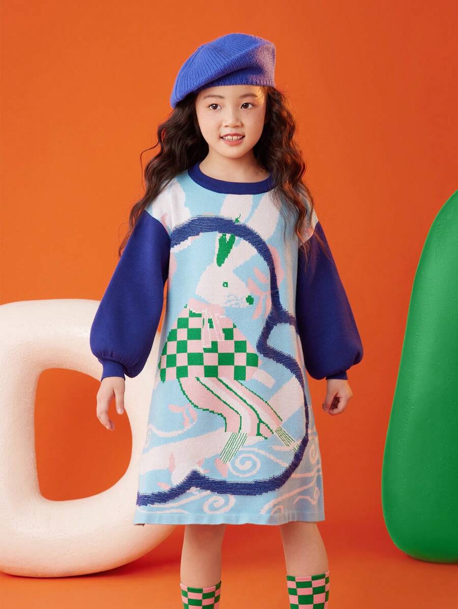 To lớn Cô gái Mô hình Cartoon Khối màu Đầm Áo len Với Tròn Đường viền cổ áo - Màu xanh lam - Xem 1
