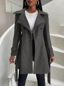 SHEIN Clasi 女式腰帶純色呢大衣 - 灰色 - 查看 3