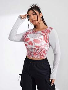 SHEIN EZwear Kích thước lớn Lưới trong suốt Áo Với In Đầu lâu - Màu Đỏ Sâu - Xem 3