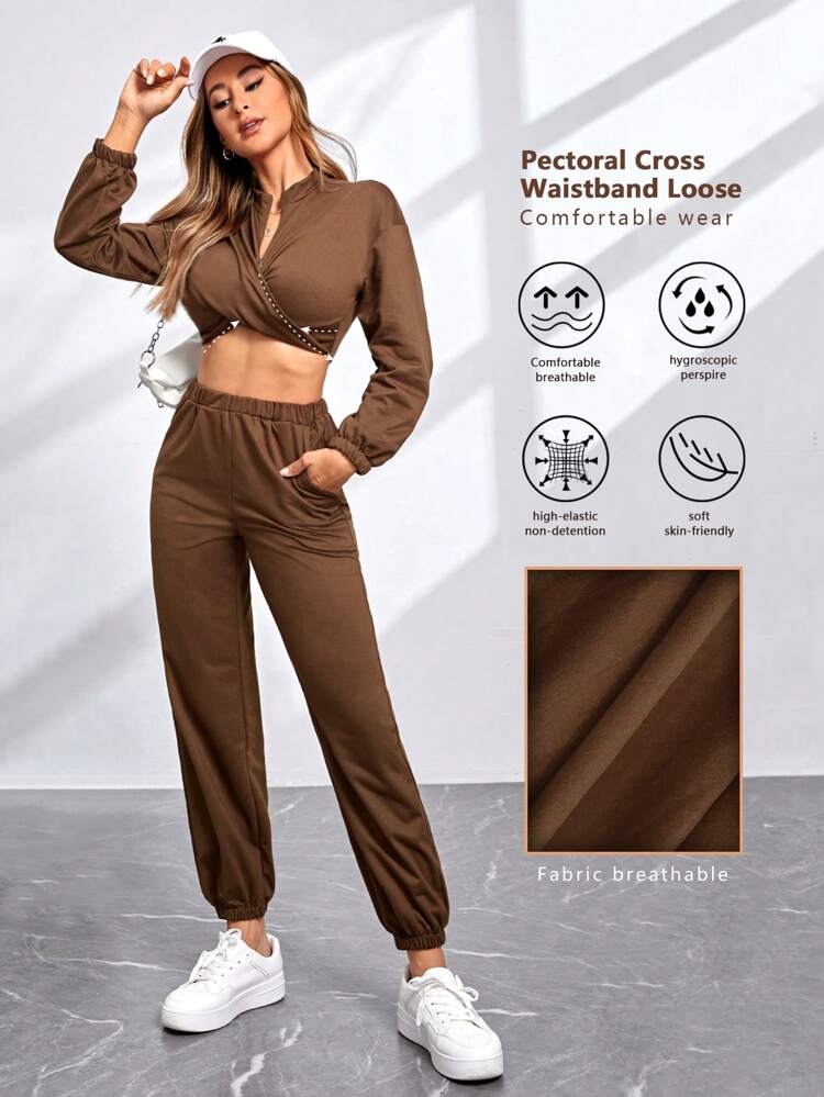 Women's Solid Color Cross Wrap Short Cut Casual Sports Outfit