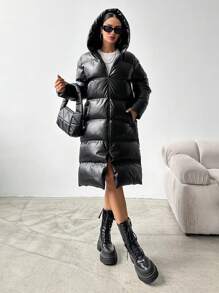 EURMUSE Women's Black Quilted Hooded Coat - Black - View 1