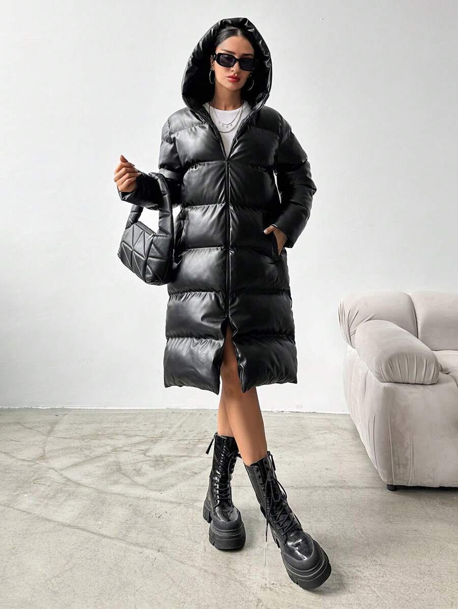 EURMUSE Women's Black Quilted Hooded Coat - Black - View 1