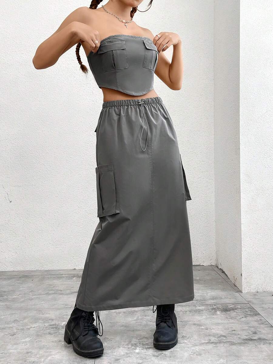 SHEIN EZwear 女性貨物式無肩帶上衣配襯褲套裝 - 灰色 - 查看 1