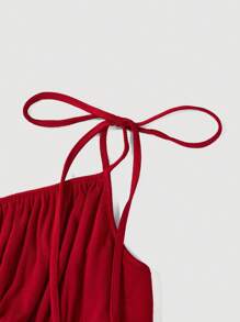 SHEIN MOD 女士大尺碼褶皺胸圍和荷葉邊下擺緊身吊帶連身裙 - 紅色 - 查看 3