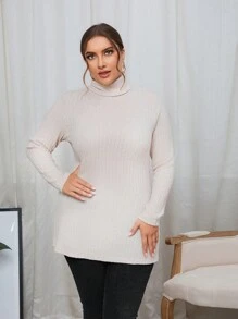 SHEIN Essnce 大碼高領條紋針織T恤 - 杏色 - 查看 1