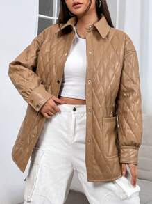 SHEIN LUNE 女士菱形格子加厚棉服外套冬季带口袋落肩秋季加厚外套 - 駝色 - 查看 1