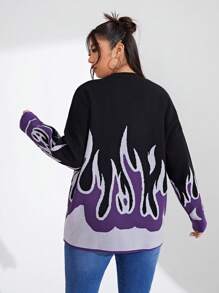 SHEIN EZwear 女款大尺碼圓領落肩火焰圖案拼色套頭毛衣 - 紫色 - 查看 2