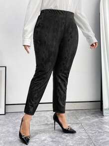 SHEIN Privé Plus Size Women's Elastic Waist Snake Print Tapered Pants - Black - View 3
