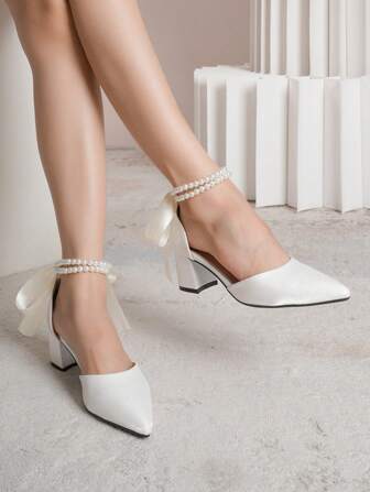 White Peep Toe High Heel Shoes With Hollowed Pearl Chain Back Strap & Butterfly Knot, Fashionable All-match Style