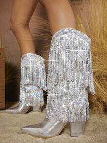 Giày Bốt Thời Trang Nữ Lấp Lánh Tua Rua Mũi Nhọn Chunky Cao Gót Thời Trang Mạ Bạc Thích Hợp Cho Các Bữa Tiệc Và Tụ Họp, Giày Bốt Cao Bồi Cho Nữ - Bạc - Xem 7