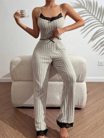 SHEIN 女士蕾丝拼布罗纹吊带睡衣套装（节日季）