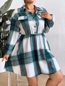 Calvaya Women's Plus Size Grid Print Lantern Sleeve Dress - Green - View 5