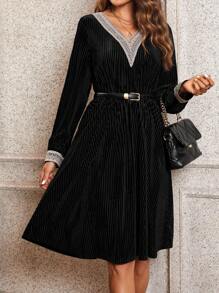 SHEIN Clasi Women's Lace Patchwork Collar Detail Pleated Dress
