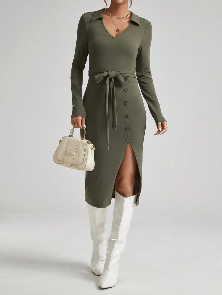 Women's Solid Color Button Detail High Front Slit Belted Dress