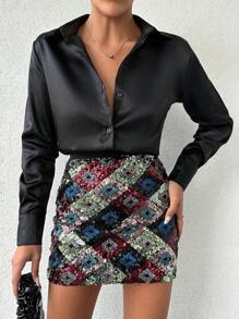 EURMUSE Solid Color Button-Up Long Sleeve Shirt And Sparkle Skirt - Multicolor - View 5