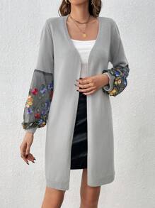 SHEIN LUNE Flower Mesh Contrast Cardigan Fall Cloth For Women - Light Grey - View 6