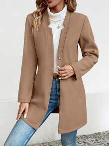 SHEIN LUNE Solid Button Front Overcoat - Khaki - View 4