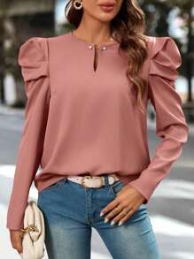SHEIN Clasi Women'S Notched Collar Leg-Of-Mutton Sleeve Shirt - Pink - View 1