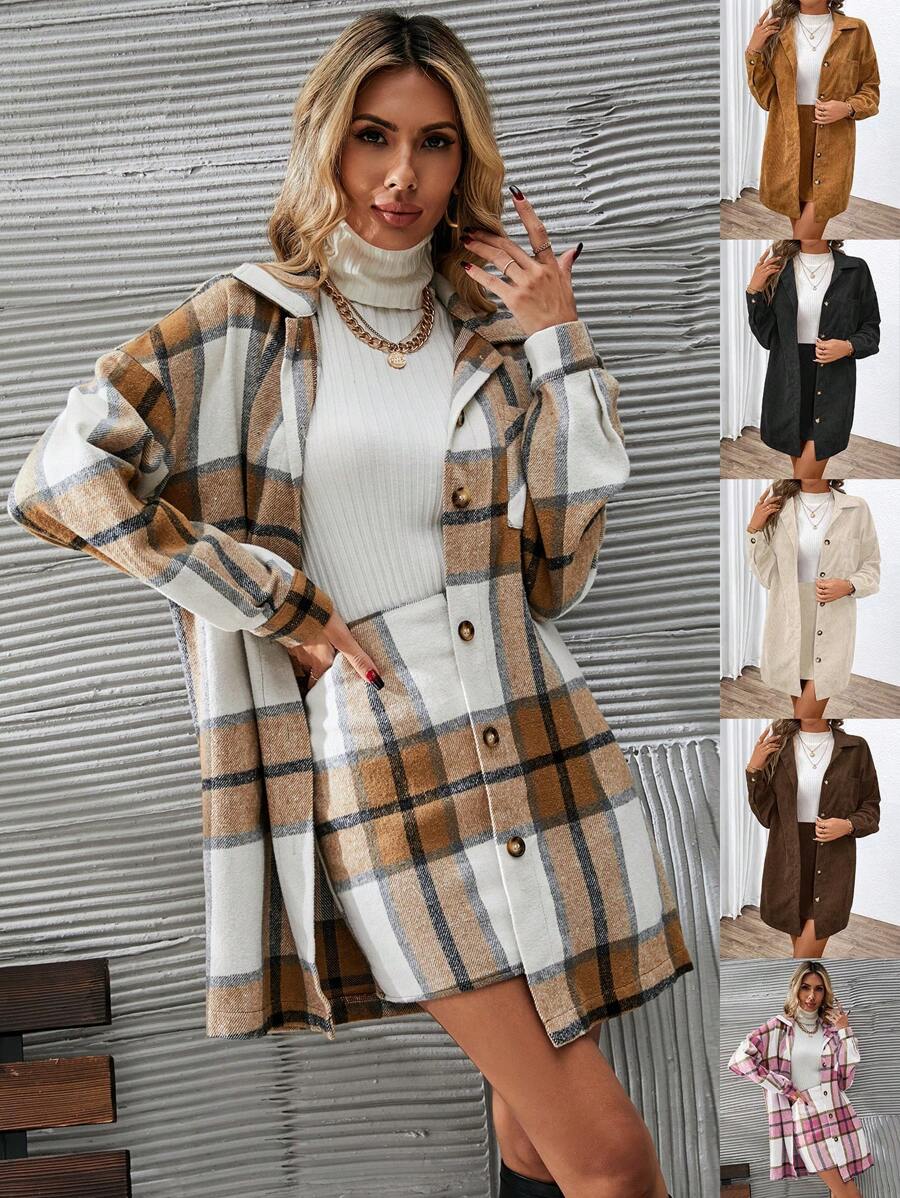 SHEIN Essnce Plaid Print Button Front Overcoat & Skirt,Ladies Late Fall