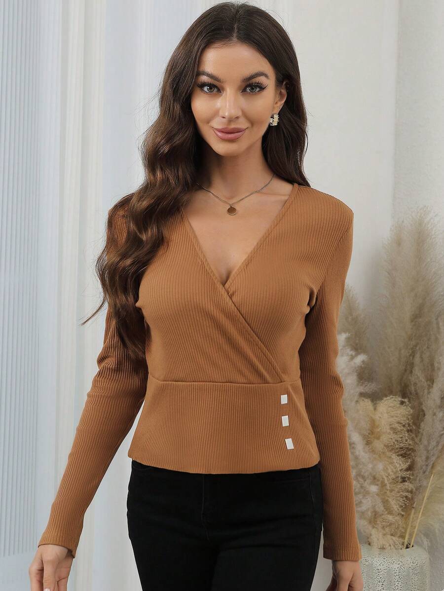 SHEIN Clasi 女款 V 領羅紋 T 卹 - 玫紅色 - 查看 1