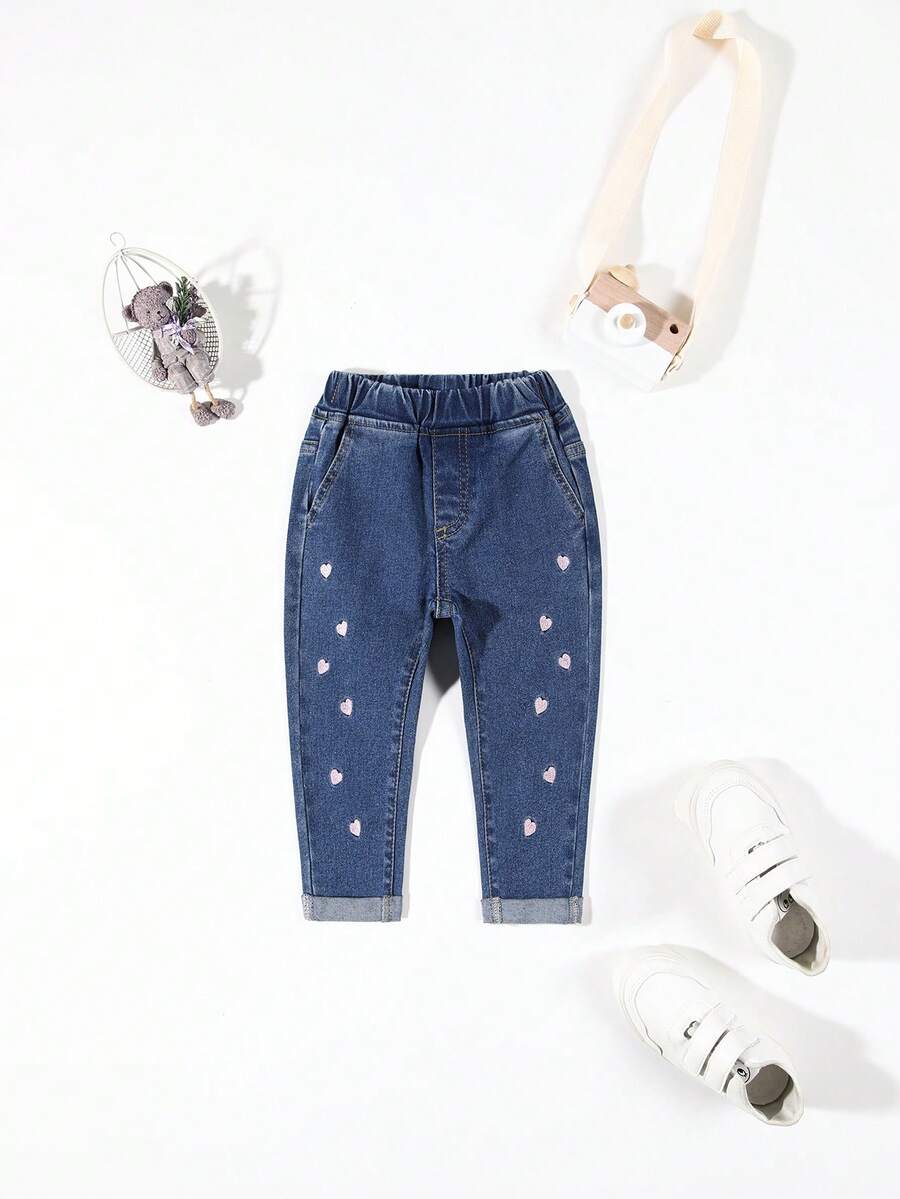 Baby Girls' Heart Embroidered Jeans - Medium Wash - View 1