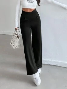 SHEIN Cottnline Women's Solid Color Wide Leg Long Pants - Black - View 4