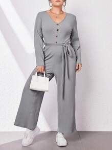 SHEIN Essnce Mono De Talla Grande Para Mujer Con Detalles De Botones Acanalados - Gris - Ver 6