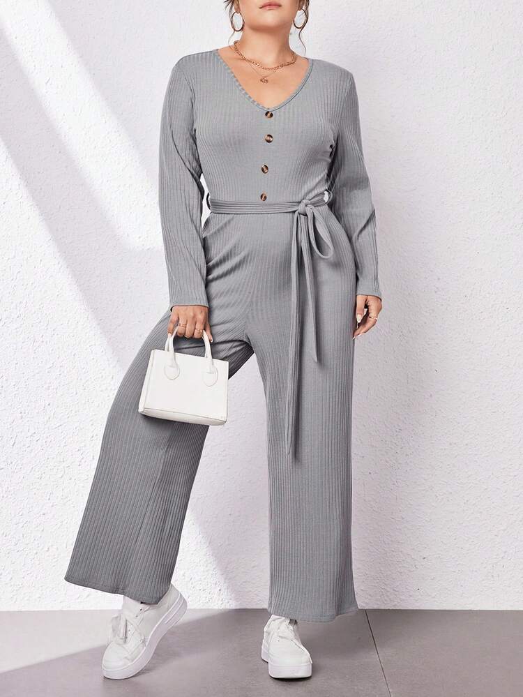 Women'S Plus Size Ribbed Button Detail Jumpsuit