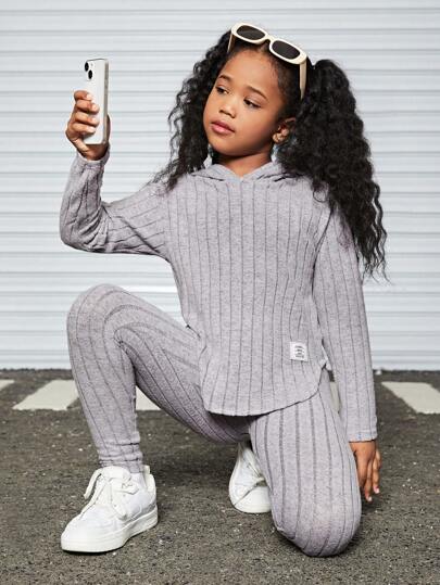 Tween Girl Slogan Patched Drop Shoulder Hooded Tee & Leggings