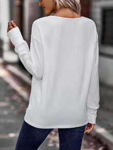 SHEIN LUNE 女性鈕扣裝飾垂墜肩t恤 - 白色 - 查看 2