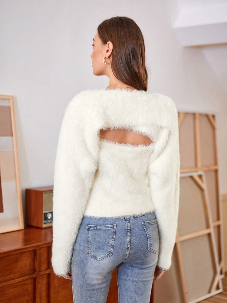 Ladies' Solid Color Plush Hollow Out Knit Pullover Fall Winter Sweater