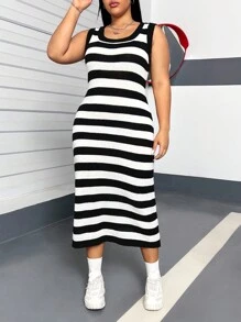 Flirla Vintage And Simple Striped Knitted Sweater Tank Dress - Black and White - View 6