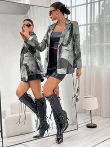 SHEIN Essnce 女士牛仔效果西裝外套 - 黑色 - 查看 4