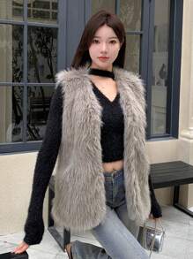 Dazy Star 1pc Fluffy Vest Jacket - Light Grey - View 6
