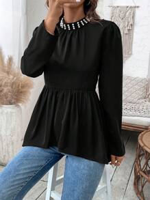 SHEIN LUNE Women's Pearl Decorated Flounce Hem Blouse - Black - View 3