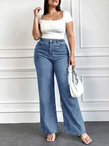EURMUSE Plus Size  High Waist Straight Leg Jeans - Navy Blue - View 3