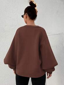 RueChic Lantern Sleeve Slit Solid Color Women's Sweatshirt - Brown - View 2