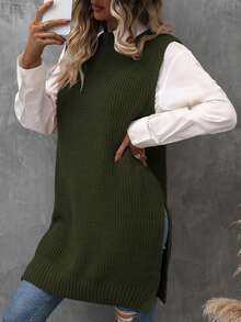 SHEIN LUNE Của phụ nữ Không tay Áo len dệt kim Áo vest Với Bên - xanh quân đội - Xem 4