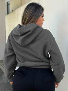 SHEIN SXY Sheepskin Fleece Warm Pullover Sweatshirt - Black - View 2