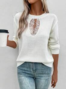 SHEIN LUNE Lace Splicing Drop Shoulder Pullover Sweater Knit Pullover Fall Winter Outfit - White - View 6