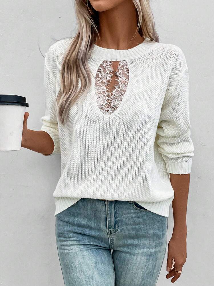 Lace Splicing Drop Shoulder Pullover Knit Pullover Fall Winter Sweater