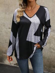 SHEIN LUNE Ladies' Color Block Long Sleeve T-shirt - Black - View 3