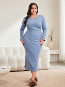 Mulvari 大尺碼女士v領長袖修身連衣裙 - 藍色 - 查看 2