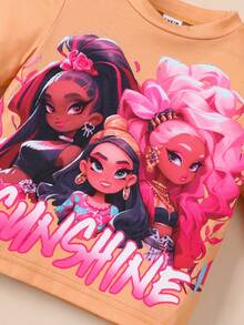 SHEIN 嬰兒女童休閒街頭時尚卡通圖案印花圓領長袖上衣 - 彩色 - 查看 4